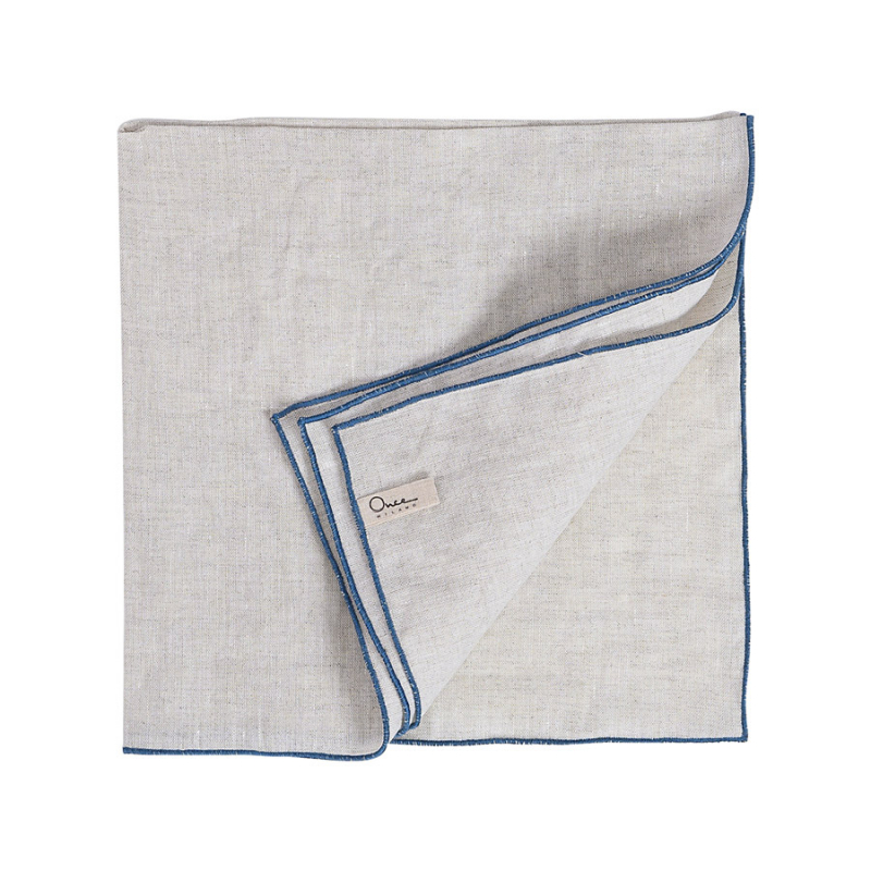 Set of 4 White Linen Napkins with Blue Hem