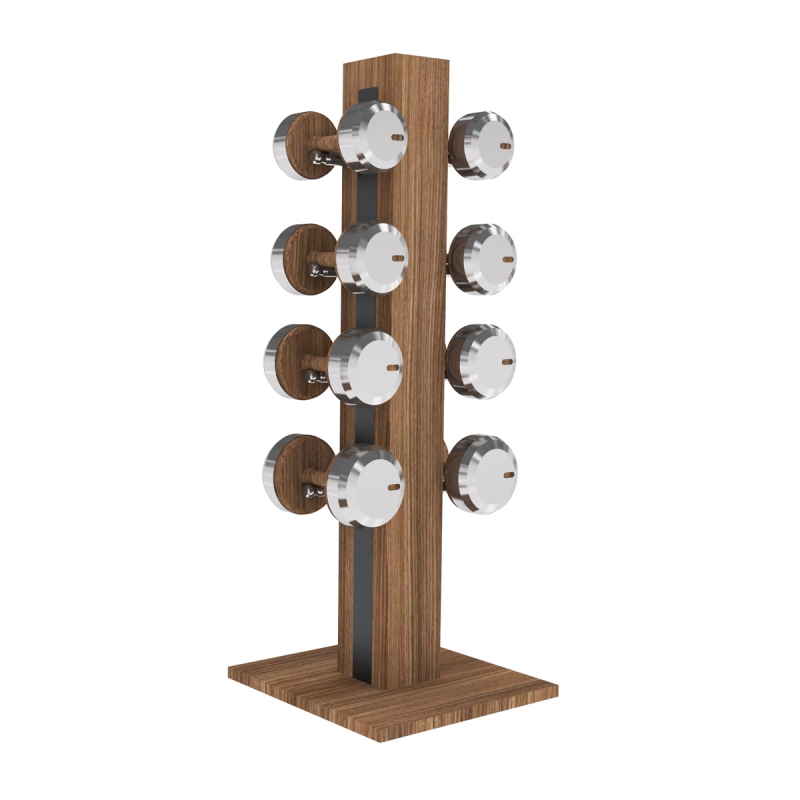 COLMIA VERTICAL POWER STAND WITH DUMBBELLS. STAINLESS STEEL AND WALNUT FINISH.