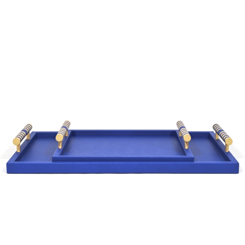 COBALT BLUE LEATHER TWO SATURNO TRAYS WITH BRASS HANDLES IN SATIN GOLD FINISH