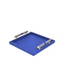 COBALT BLUE LEATHER SATURNO TRAY WITH BRASS HANDLES IN SATIN GOLD FINISH