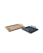 A rectangular beige Saturno tray and a navy blue square saturno tay.