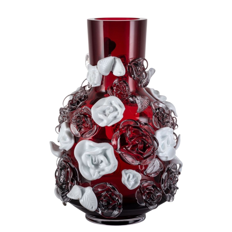 OPULENT RUBY RED VASE WITH WHITE FLOWERS BY LUKAS JABUREK