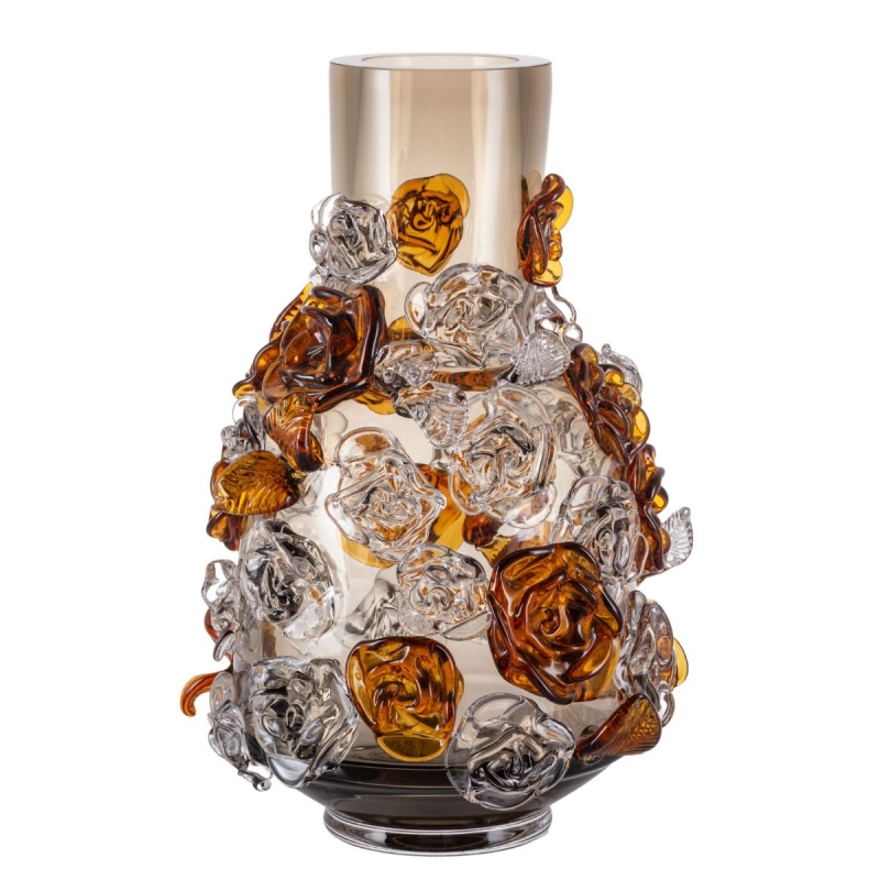 OPULENT WHITE GLASS VASE WITH AMBER FLOWERS BY LUKAS JABUREK
