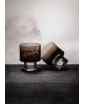 TWO CUBE WHISKY GLASSES IN SMOKE FINISH. STAGED IMAGE.