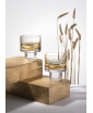 TWO CUBE WHISKY GLASSES IN FINISH. STAGED IMAGE.