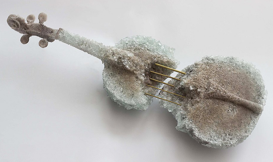 A Rough Glass Violin Sculpture by Frantisek Jungvirt